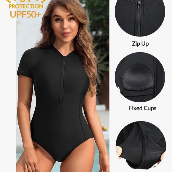 Yonique Women's Rash Guard Short Sleeve Swimsuits One Piece Zipper Bathing A6 - Picture 5 of 9